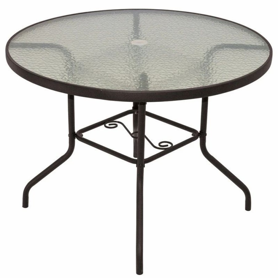 Outdoor Dining Furniture * | Rio Brands Inc Rio Brands Sienna Metal Round Patio Glass Top Table, Brown, 40-Inch