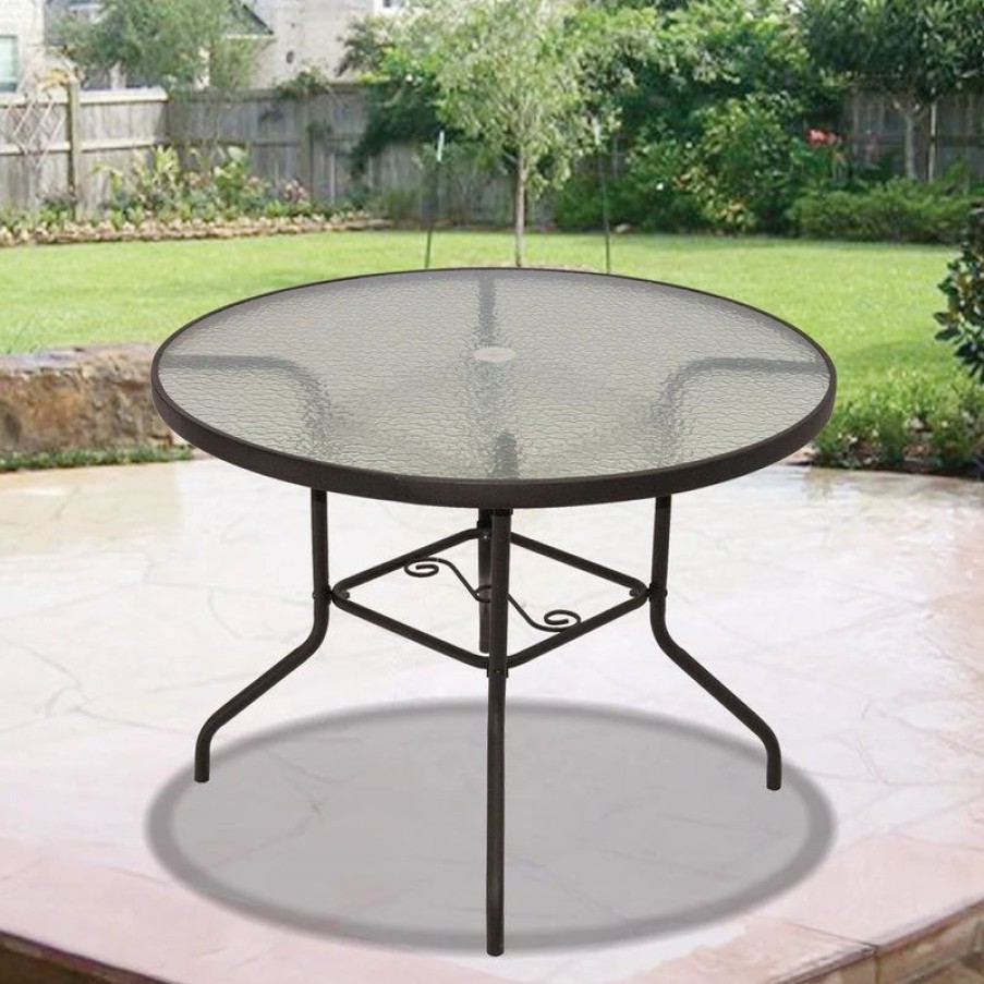 Outdoor Dining Furniture * | Rio Brands Inc Rio Brands Sienna Metal Round Patio Glass Top Table, Brown, 40-Inch