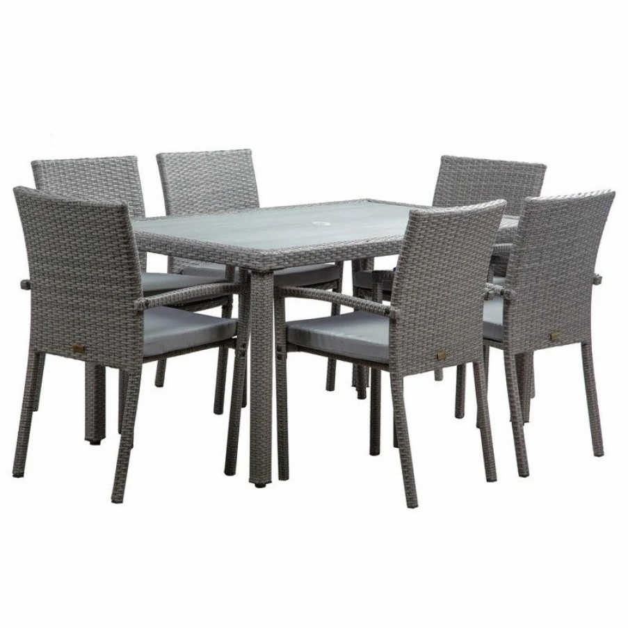 Outdoor Dining Furniture * | Belleze Wicker Patio Dining Table Set, Gray, 7-Pieces