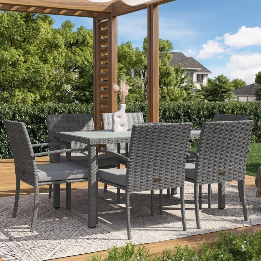 Outdoor Dining Furniture * | Belleze Wicker Patio Dining Table Set, Gray, 7-Pieces