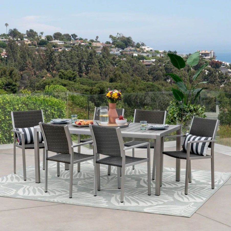 Outdoor Dining Furniture * | Gdfstudio Gdf Studio 7-Piece Coral Outdoor And Wicker Dining Set With Faux Wood Table Top