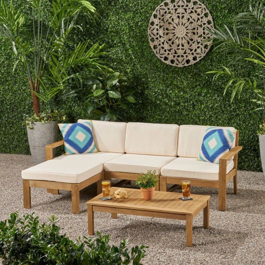 Outdoor Lounge Furniture * | Gdfstudio Makayla Ana Outdoor 3 Seater Acacia Wood Sofa Sectional With Cushions, Cream