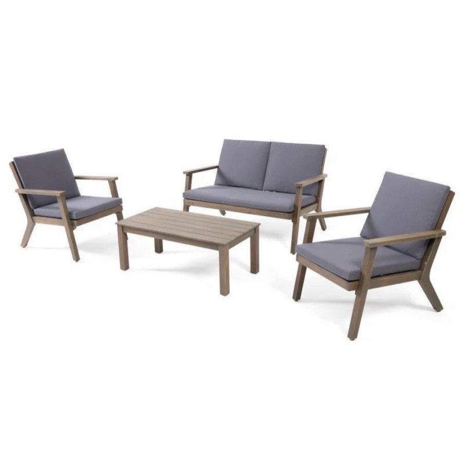 Outdoor Lounge Furniture * | Gdfstudio Temecula Outdoor Acacia Wood 4 Seat Chat Set With Cushions, Gray Finish And Dark