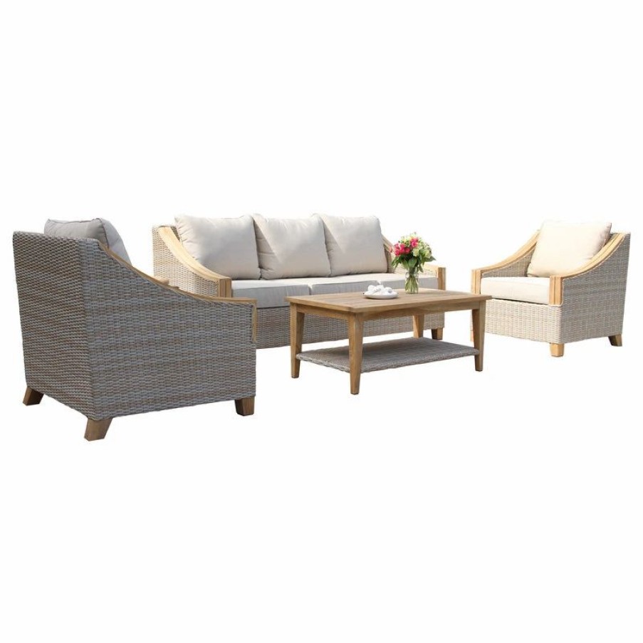 Outdoor Lounge Furniture * | Outdoor Interiors Ash Wicker And Teak 4-Piece Sofa Set With Sunbrella Fabrics