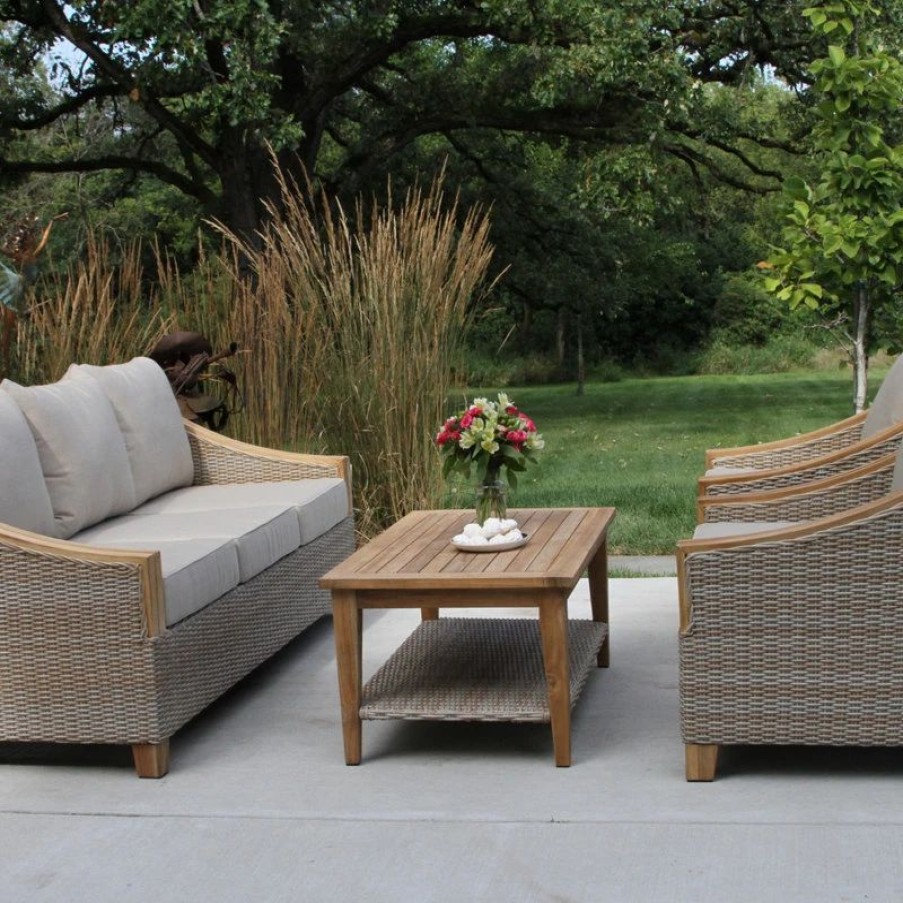 Outdoor Lounge Furniture * | Outdoor Interiors Ash Wicker And Teak 4-Piece Sofa Set With Sunbrella Fabrics