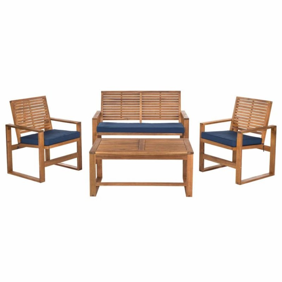 Outdoor Lounge Furniture * | Safavieh Ozark 4-Piece Set, Brown And Navy