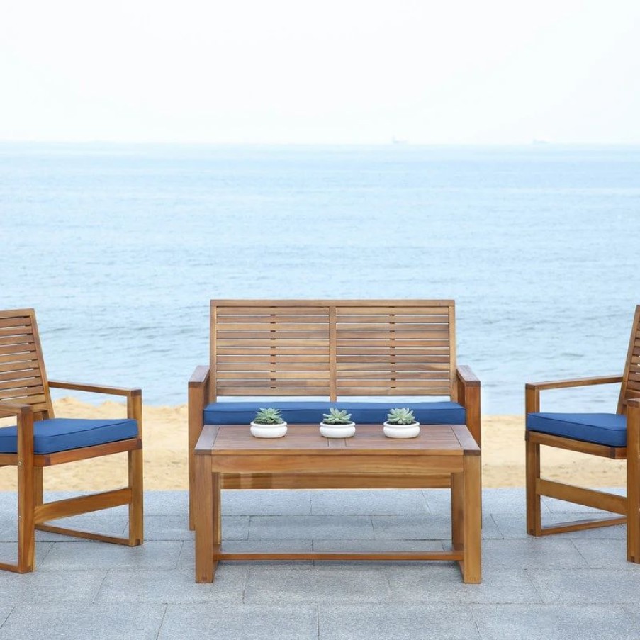 Outdoor Lounge Furniture * | Safavieh Ozark 4-Piece Set, Brown And Navy