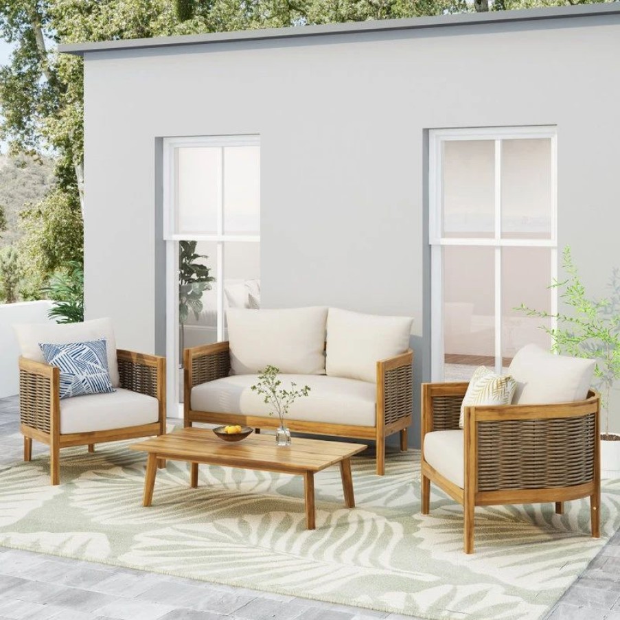 Outdoor Lounge Furniture * | Gdfstudio Alden Outdoor Acacia Wood 4-Seater Chat Set With Cushions