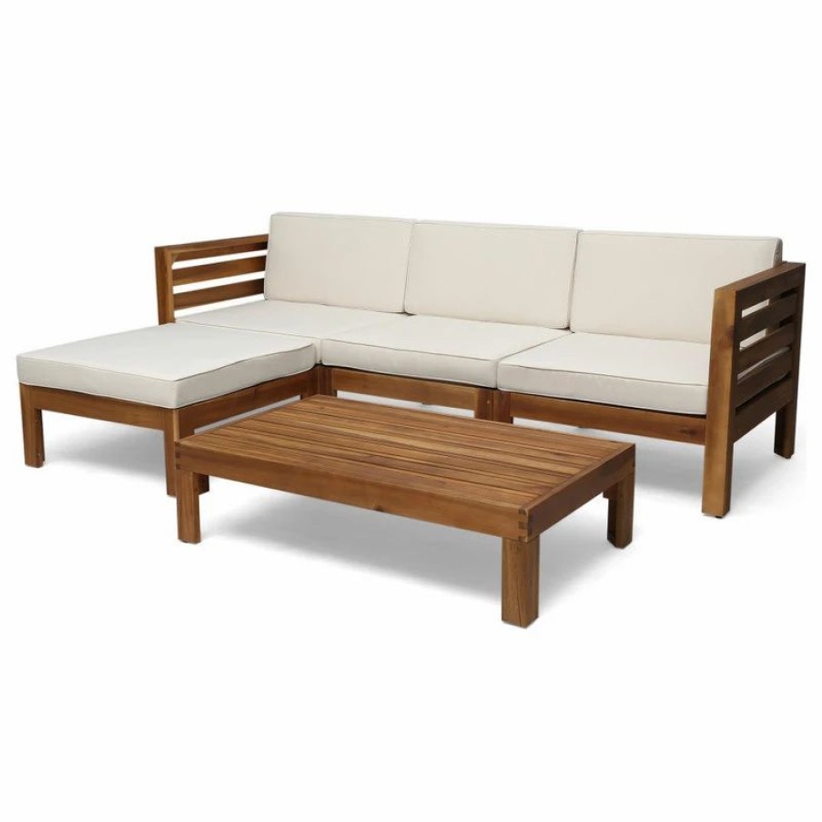 Outdoor Lounge Furniture * | Gdfstudio Alice Outdoor 5-Piece Acacia Wood Sofa Set, Teak Finish, Beige