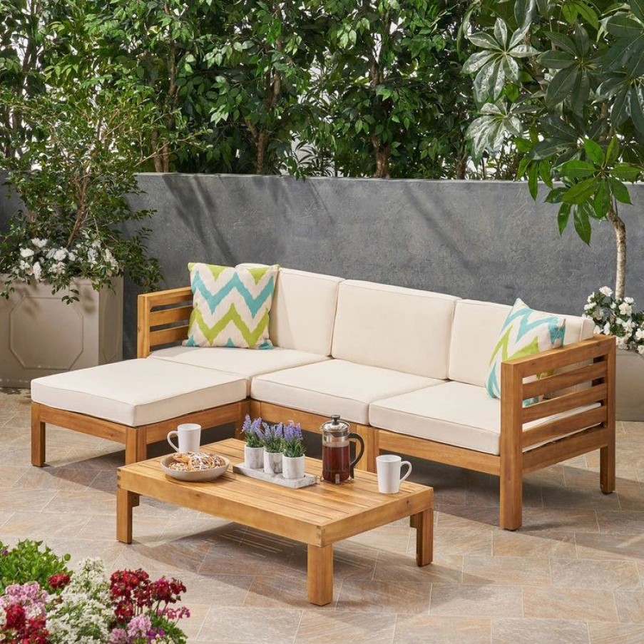 Outdoor Lounge Furniture * | Gdfstudio Alice Outdoor 5-Piece Acacia Wood Sofa Set, Teak Finish, Beige