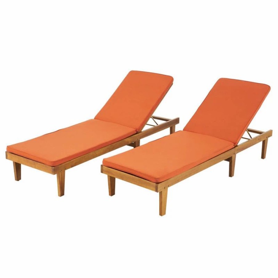 Outdoor Chairs * | Gdfstudio Nancy Oudoor Modern Wood Chaise Lounge With Cushion, Set Of 2, Teak/Rust Orange