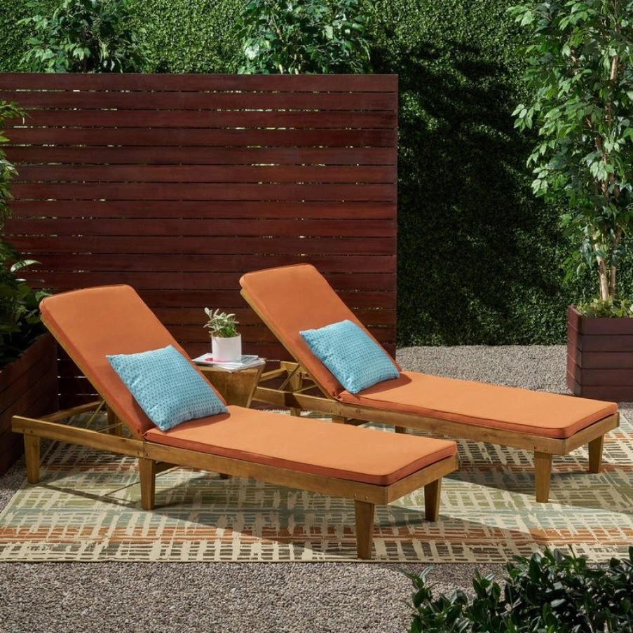 Outdoor Chairs * | Gdfstudio Nancy Oudoor Modern Wood Chaise Lounge With Cushion, Set Of 2, Teak/Rust Orange