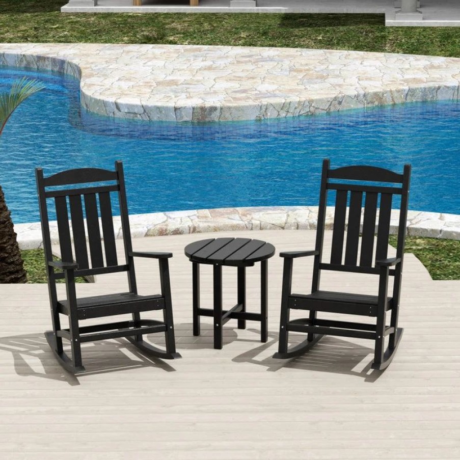 Outdoor Lounge Furniture * | Westintrends 3-Piece Classic Adirondack Outdoor Rocking Chairs Set And Side Table, Black