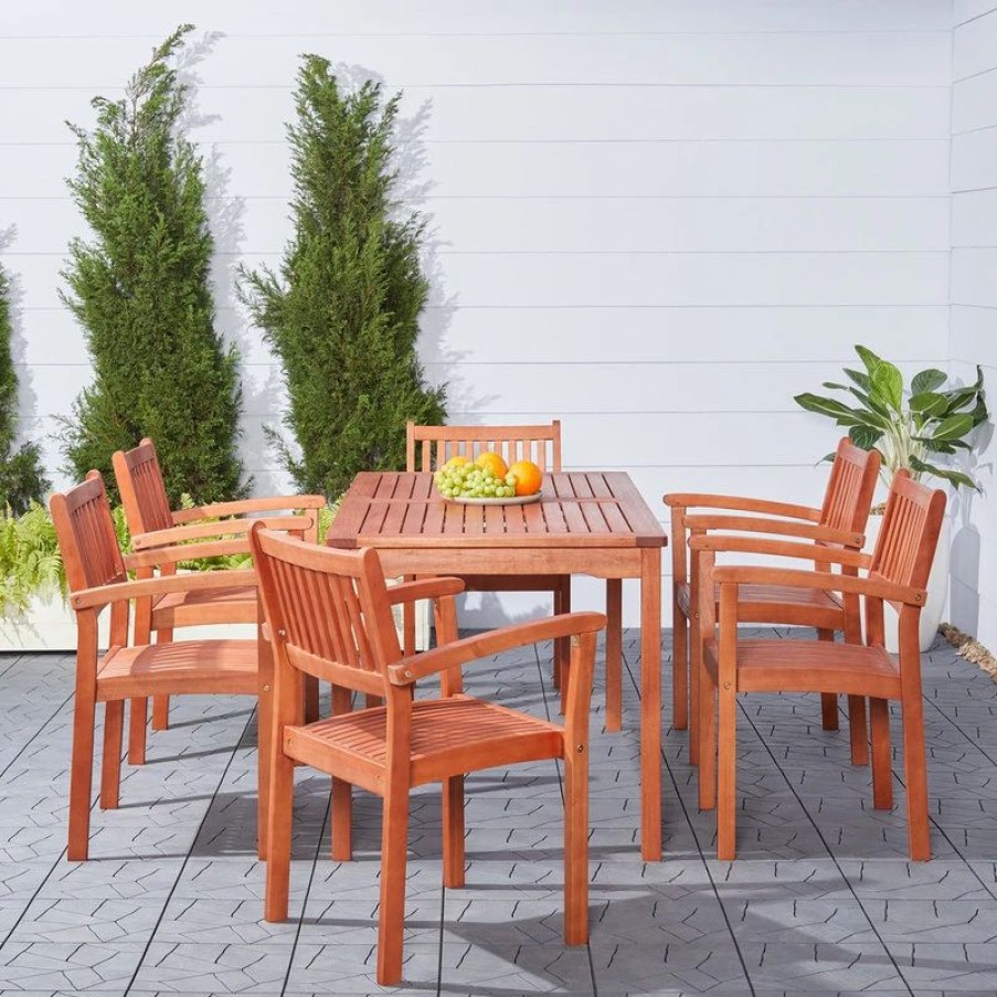 Outdoor Dining Furniture * | Vifah Malibu Eco-Friendly 7-Piece Wood Outdoor Dining Set With Stacking Dining Chairs