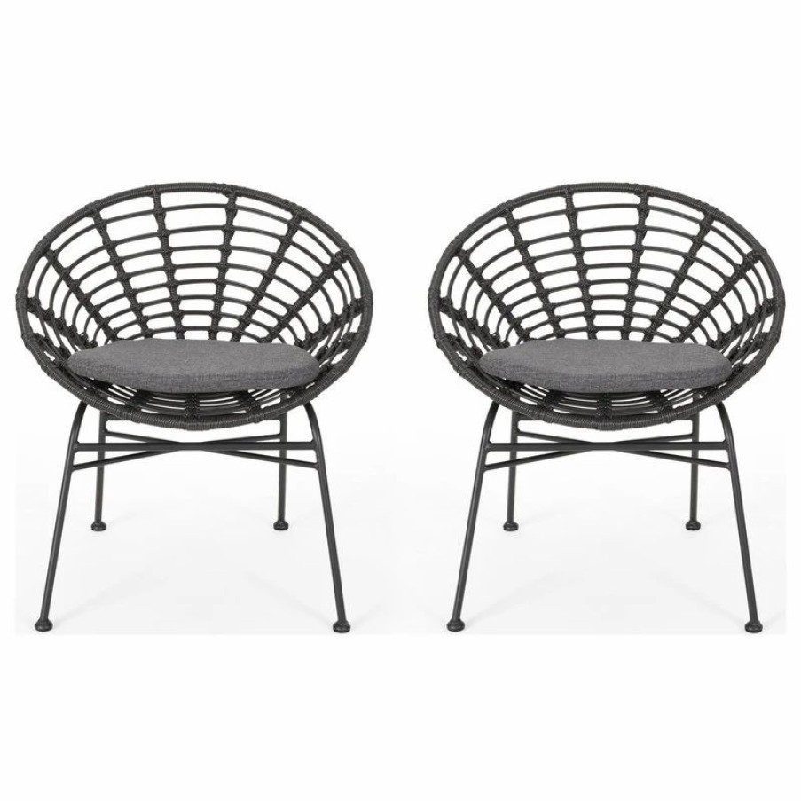 Outdoor Chairs * | Gdfstudio Mia Outdoor Wicker Dining Chair With Cushion, Set Of 2, Gray, Black, Dark Gray