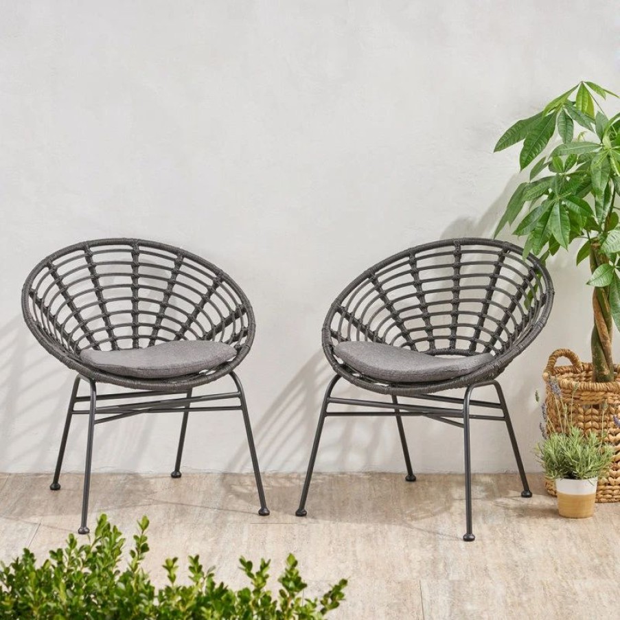 Outdoor Chairs * | Gdfstudio Mia Outdoor Wicker Dining Chair With Cushion, Set Of 2, Gray, Black, Dark Gray