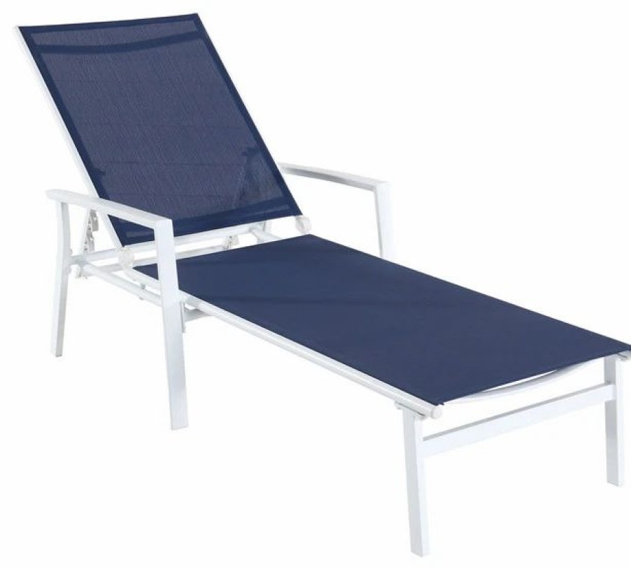 Outdoor Chairs * | Hanover Naples Adjustable Sling Chaise, White/Navy