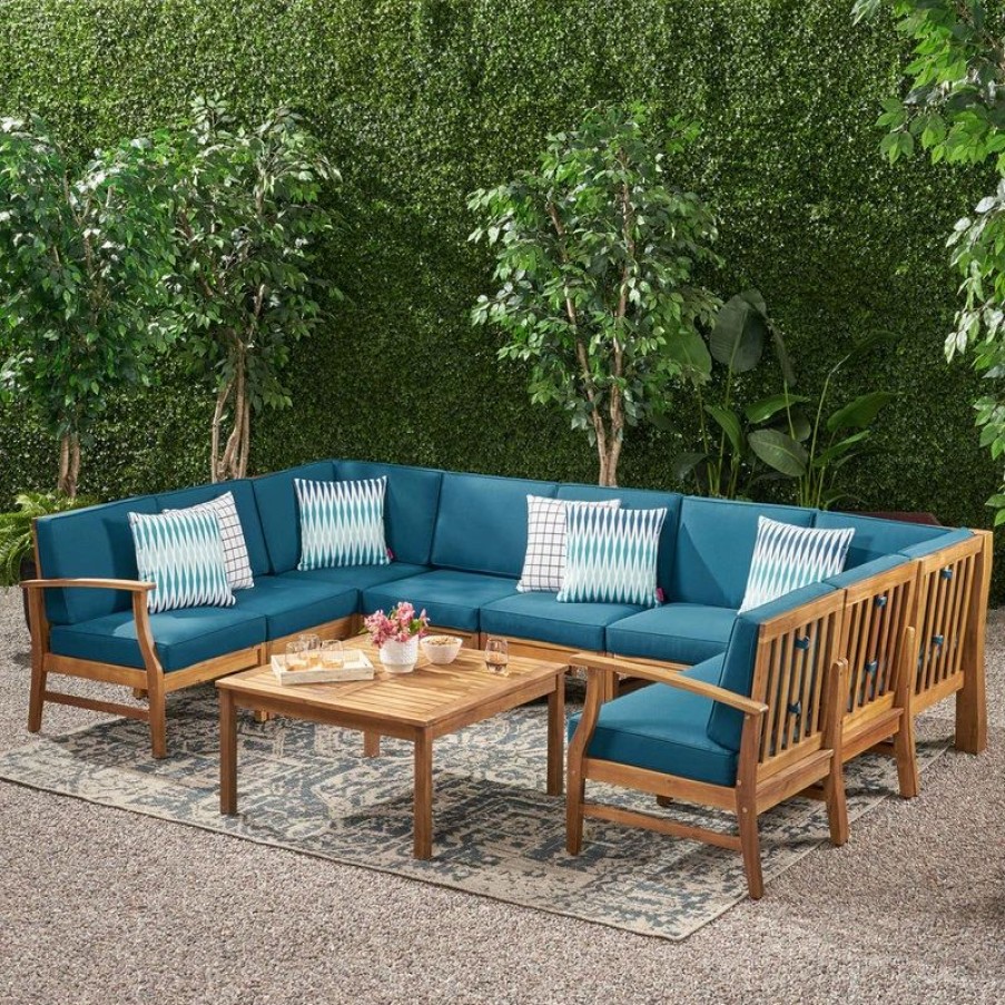 Outdoor Lounge Furniture * | Gdfstudio Gdf Studio Judith Outdoor 9 Seater Sectional Sofa Set With Cushion, Teak/Blue