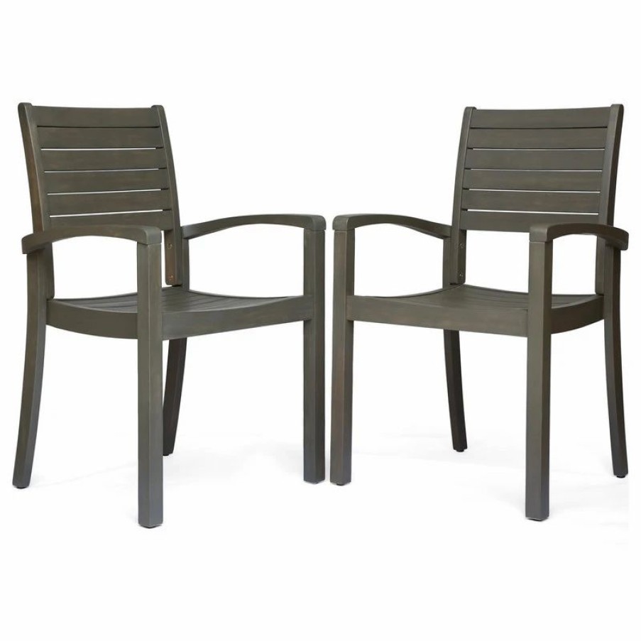 Outdoor Chairs * | Gdfstudio Gdf Studio Watts Outdoor Acacia Wood Dining Chairs, Set Of 2, Gray