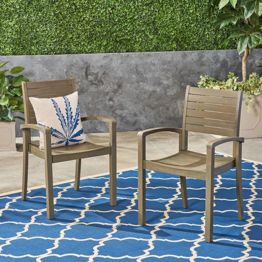 Outdoor Chairs * | Gdfstudio Gdf Studio Watts Outdoor Acacia Wood Dining Chairs, Set Of 2, Gray