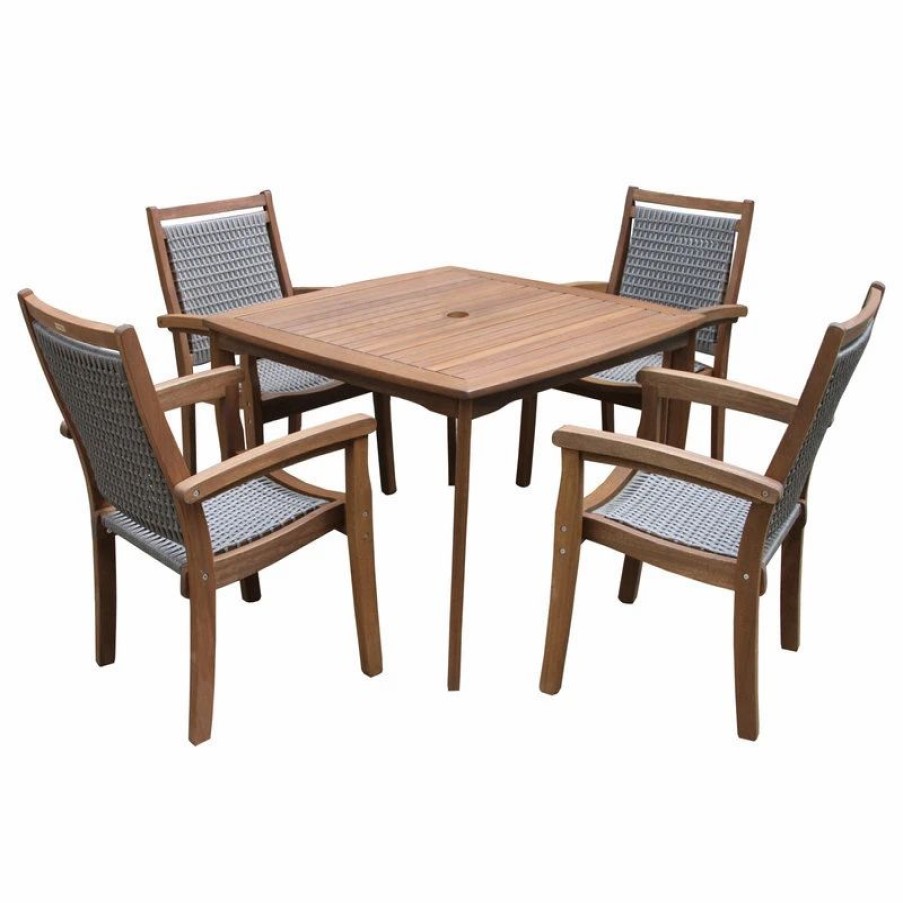 Outdoor Dining Furniture * | Outdoor Interiors 5-Piece Eucalyptus Dining Set With Wicker Stacking Chairs