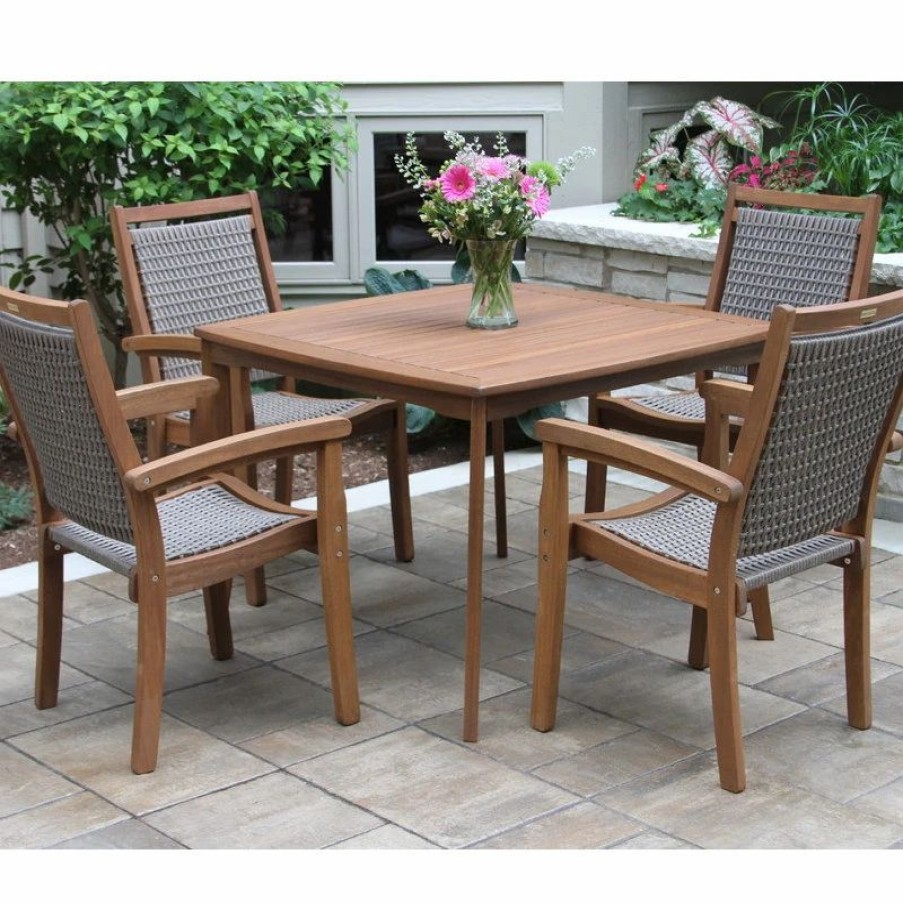 Outdoor Dining Furniture * | Outdoor Interiors 5-Piece Eucalyptus Dining Set With Wicker Stacking Chairs