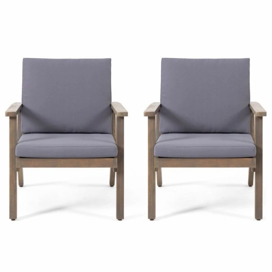 Outdoor Lounge Furniture * | Gdfstudio Temecula Outdoor Acacia Wood Chairs With Cushions, Set Of 2, Gray And Dark Gray