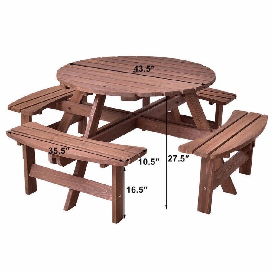 Outdoor Dining Furniture * | Costway Patio 8 Seat Wood Picnictable Dining Seat Bench Set Pub Garden Yard