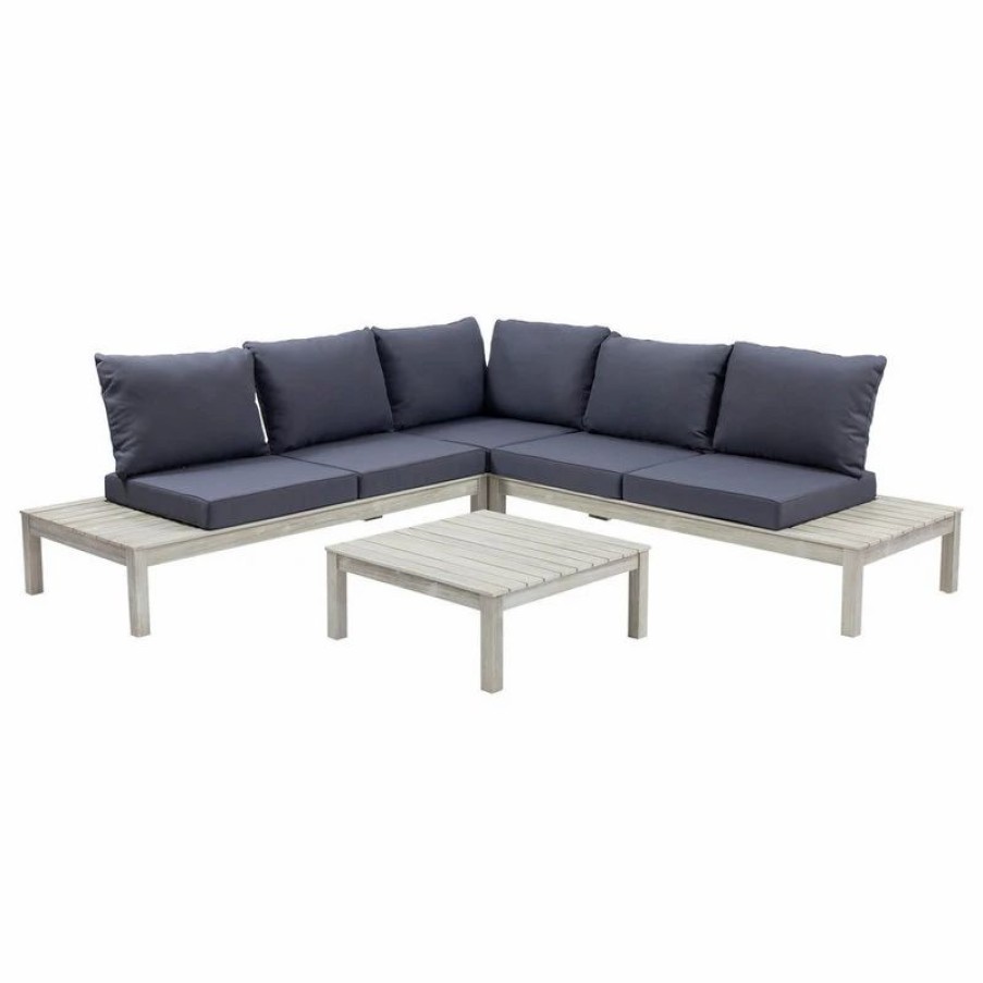 Outdoor Lounge Furniture * | Gdfstudio 5-Seater V Shaped Acacia Sectional Sofa Set With Cushions, Weathered Gray