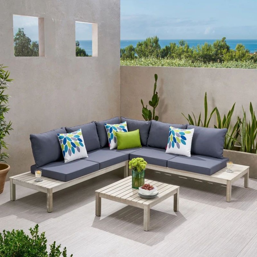 Outdoor Lounge Furniture * | Gdfstudio 5-Seater V Shaped Acacia Sectional Sofa Set With Cushions, Weathered Gray