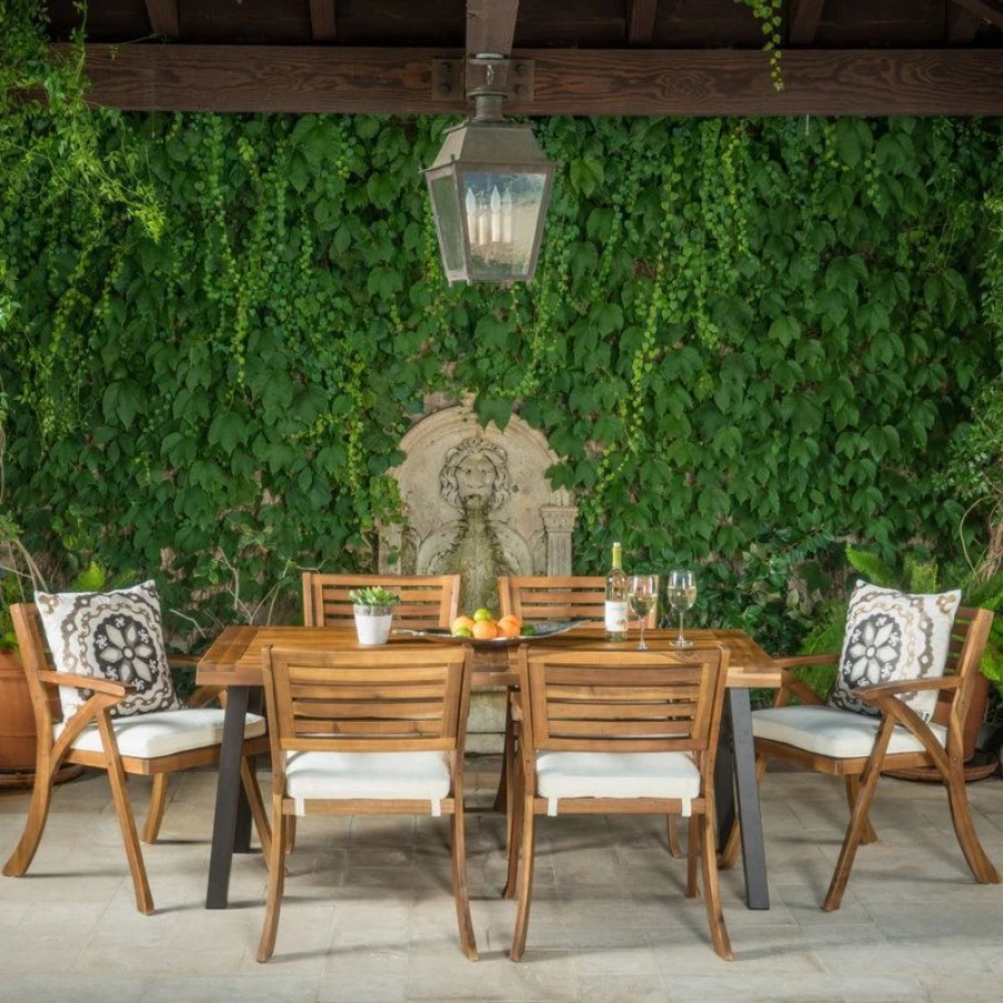 Outdoor Dining Furniture * | Gdfstudio 7-Piece Desoto Teak Finish Acacia Wood Patio Dining Set