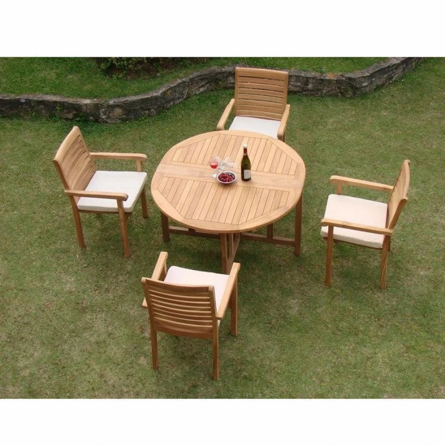 Outdoor Dining Furniture * | Teak Deals 5-Piece Teak Dining Set, 48 Round Butterfly Table, 4 Hari Stacking Arm Chairs