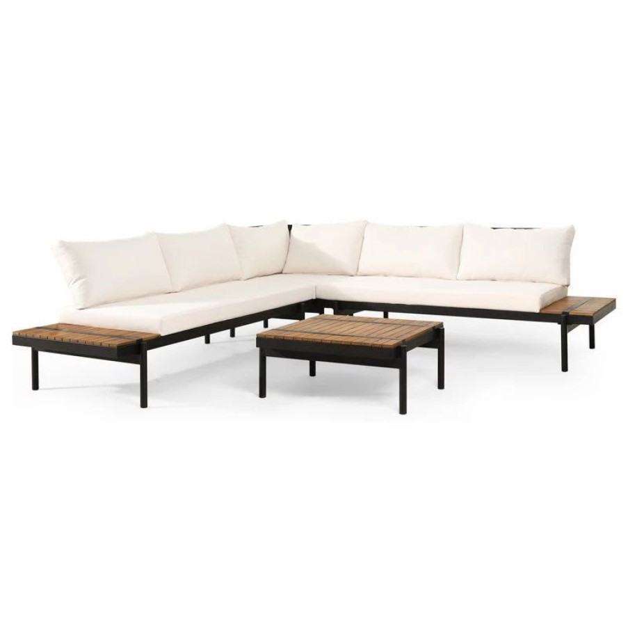 Outdoor Lounge Furniture * | Gdfstudio Cody Outdoor Acacia Wood 5 Seater Sectional Sofa Set With Cushions