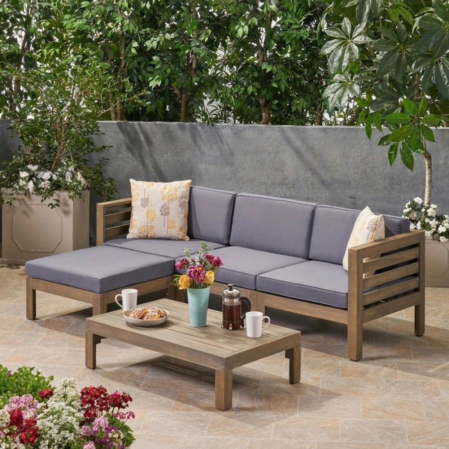 Outdoor Lounge Furniture * | Gdfstudio Alice Outdoor 5-Piece Acacia Wood Sofa Set, Gray, Dark Gray