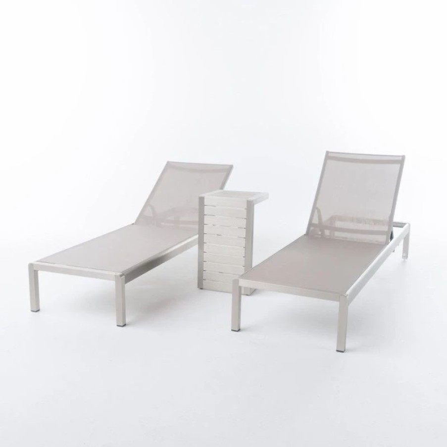 Outdoor Lounge Furniture * | Gdfstudio Gdf Studio 3-Piece Crested Bay Gray Mesh Chaise Lounge Set With End Table, Silve