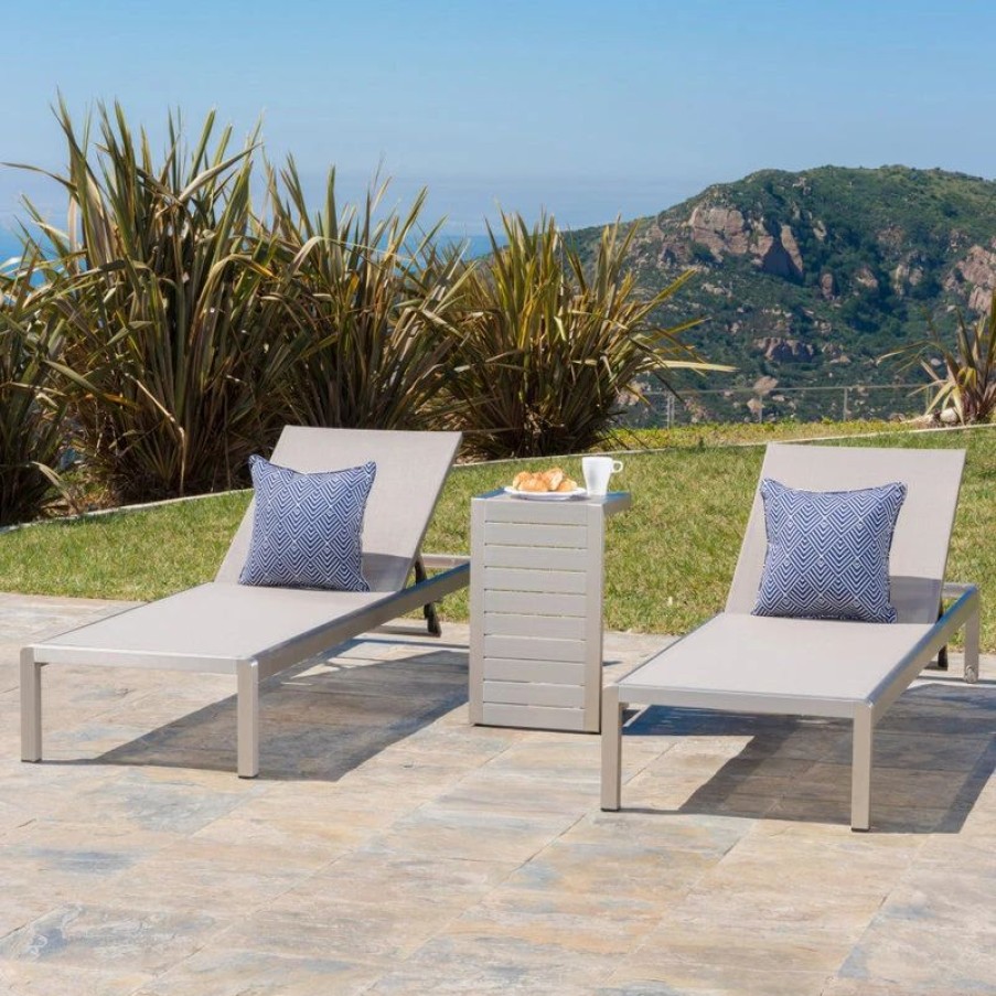 Outdoor Lounge Furniture * | Gdfstudio Gdf Studio 3-Piece Crested Bay Gray Mesh Chaise Lounge Set With End Table, Silve