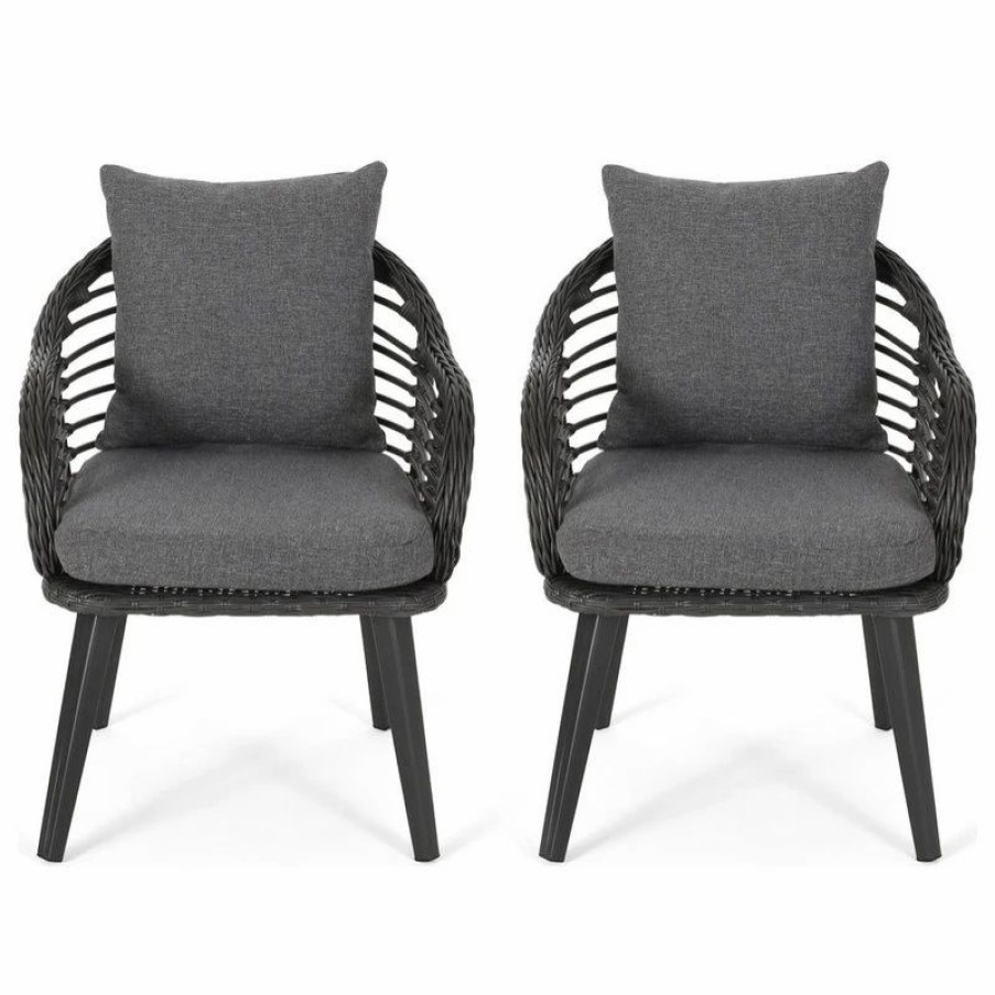 Outdoor Lounge Furniture * | Gdfstudio Madison Outdoor Wicker Club Chairs With Cushions, Set Of 2, Gray/Black