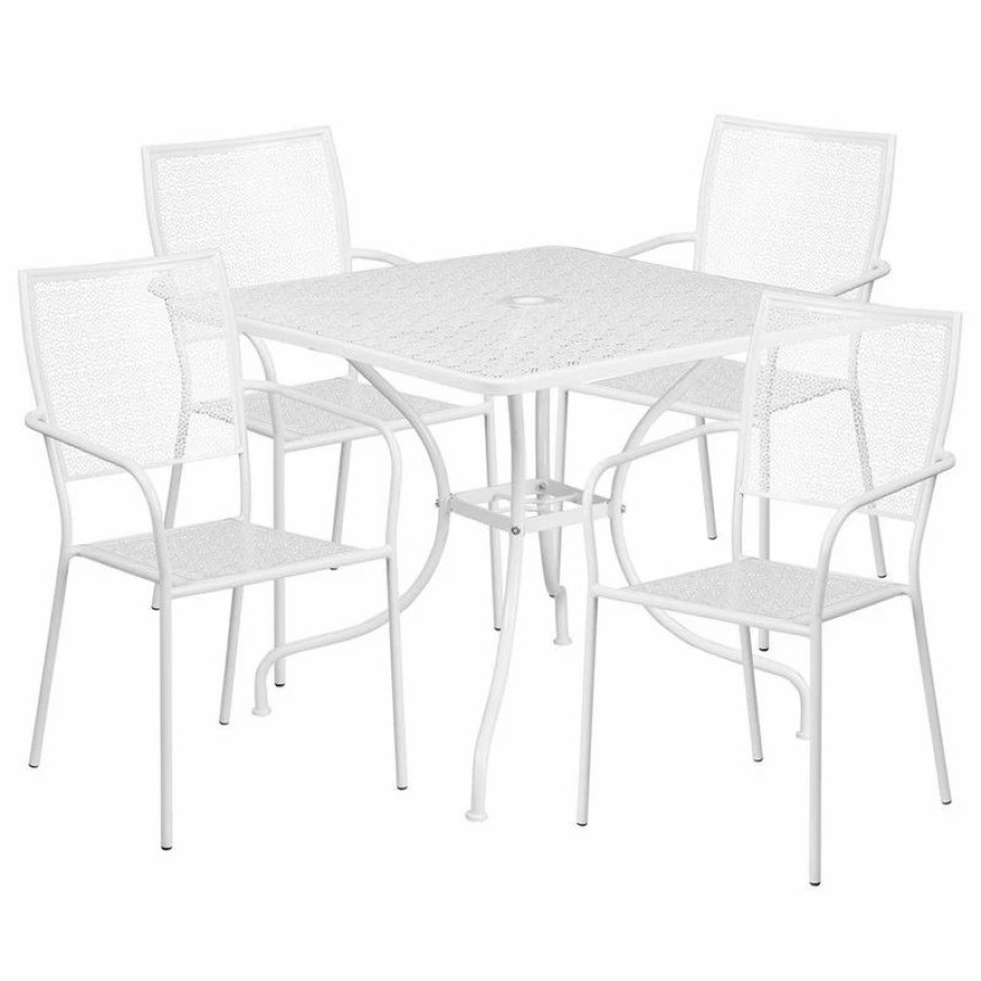 Outdoor Dining Furniture * | Flash Furniture 35.5 White Steel Patio Table Set With 4 Square Back Chairs