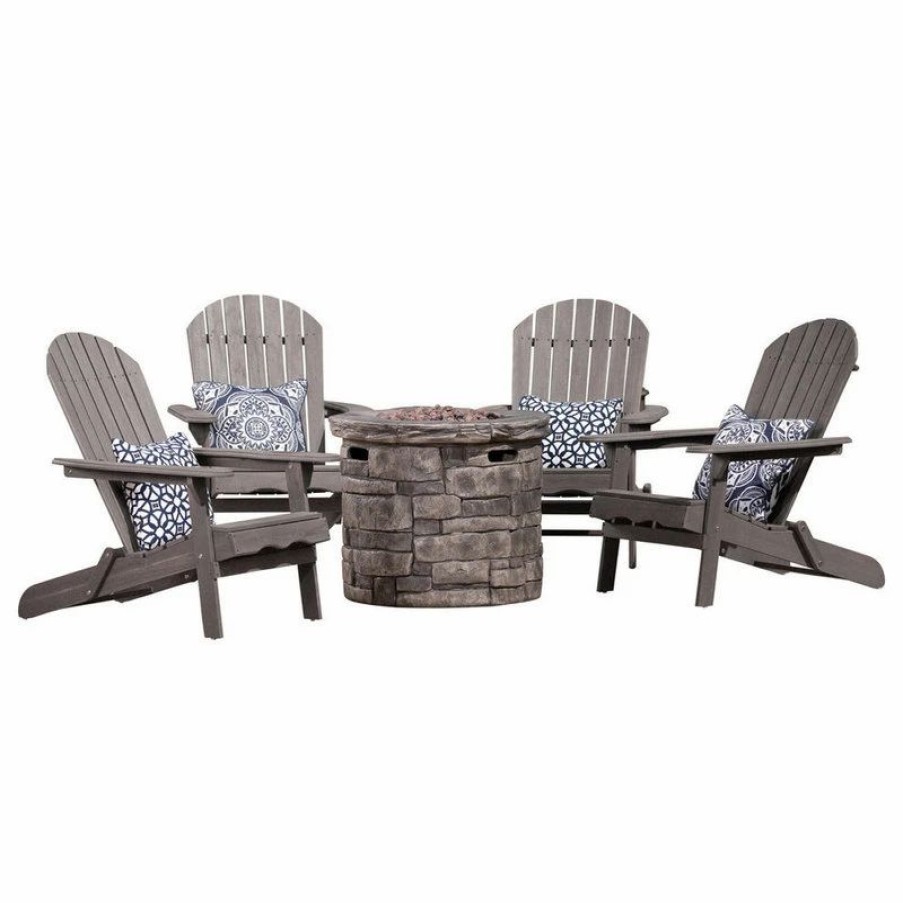 Outdoor Lounge Furniture * | Gdfstudio Gdf Studio 5-Piece David Outdoor Adirondack Chair Set With Fire Pit, Dark Gray