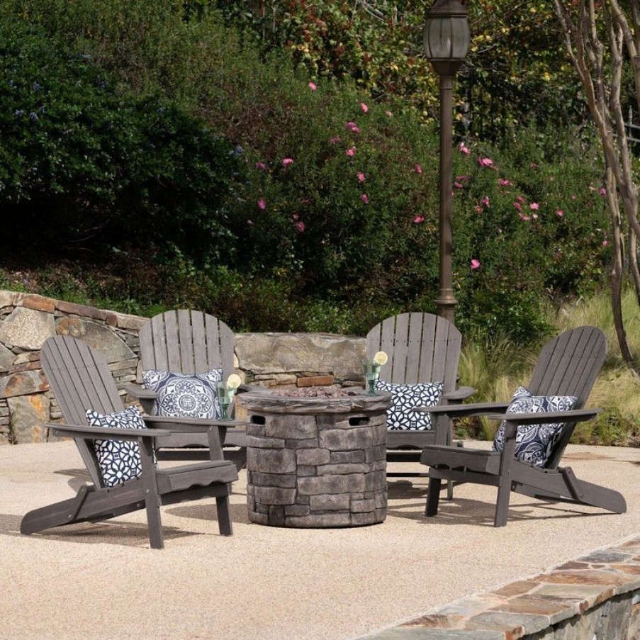 Outdoor Lounge Furniture * | Gdfstudio Gdf Studio 5-Piece David Outdoor Adirondack Chair Set With Fire Pit, Dark Gray