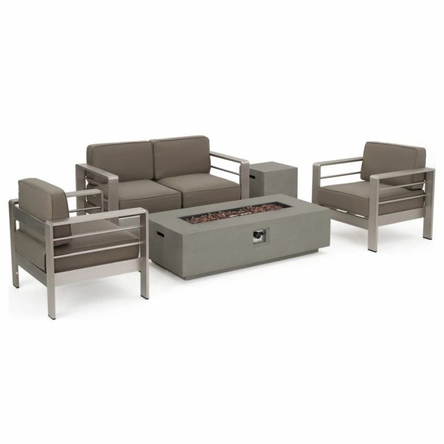 Outdoor Lounge Furniture * | Gdfstudio Coral Bay Outdoor Aluminum Khaki Chat Set With Fire Table, Light Gray