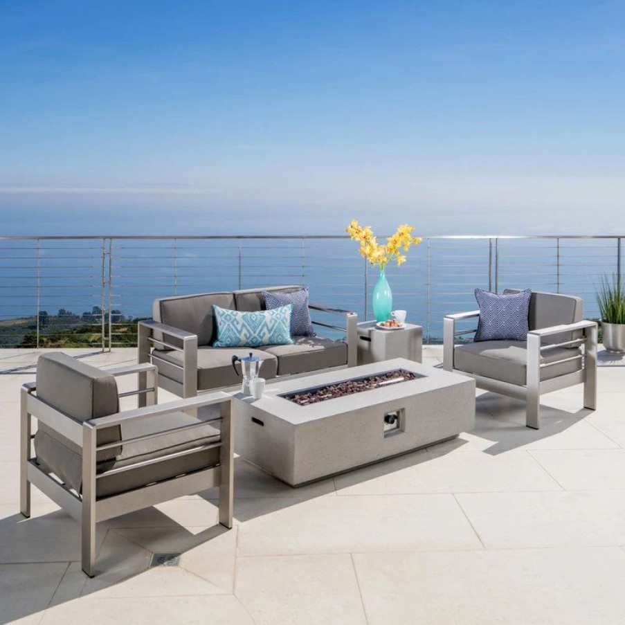 Outdoor Lounge Furniture * | Gdfstudio Coral Bay Outdoor Aluminum Khaki Chat Set With Fire Table, Light Gray