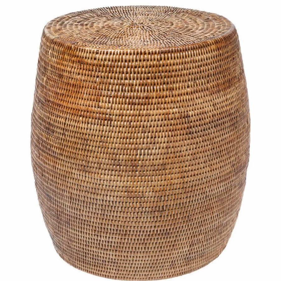 Outdoor Lounge Furniture * | Kouboo Laguna Round Rattan Stool/Side Table, Handwoven, White Wash, Honey-Brown