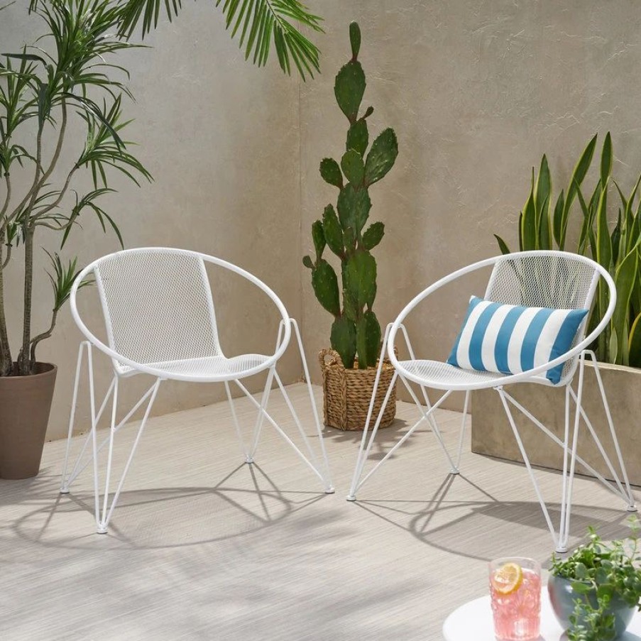 Outdoor Lounge Furniture * | Gdfstudio Elizabeth Modern Outdoor Iron Club Chair, Set Of 2, Matte White