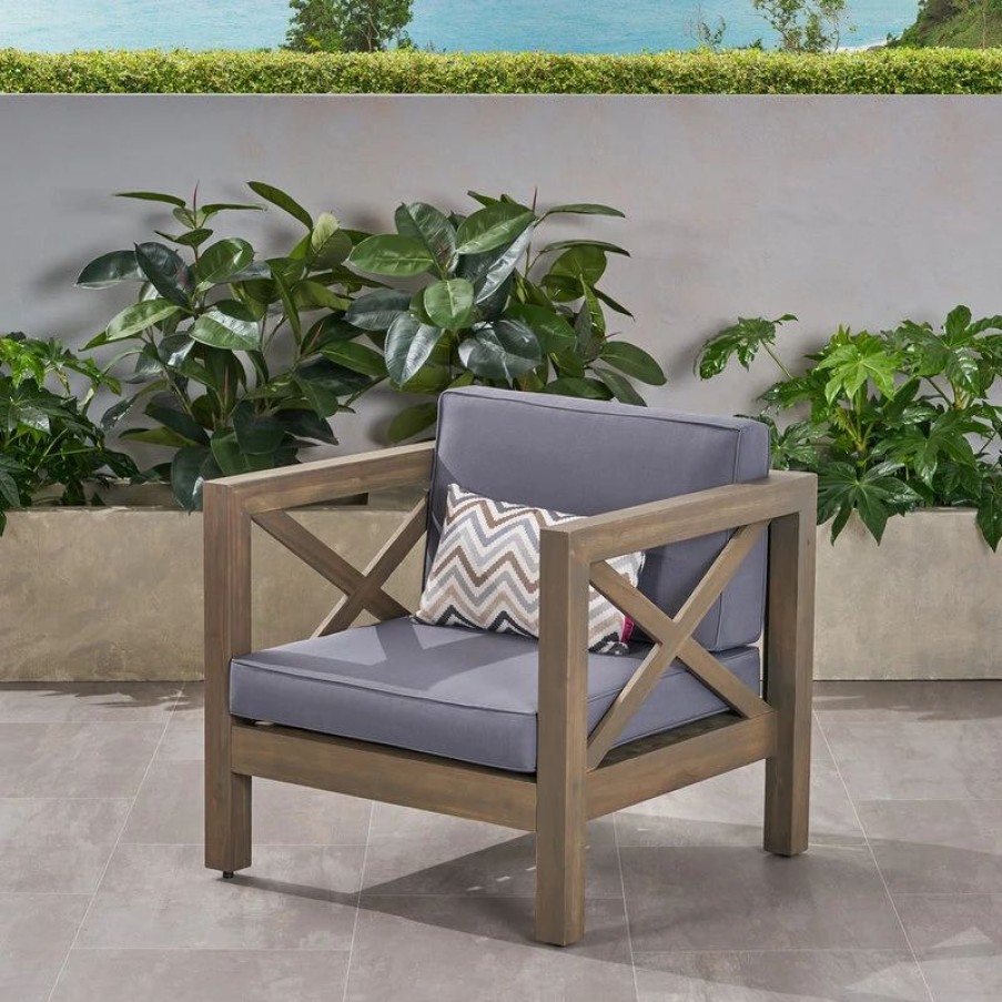 Outdoor Lounge Furniture * | Gdfstudio Indira Outdoor Acacia Wood Club Chair With Cushion, Dark Gray