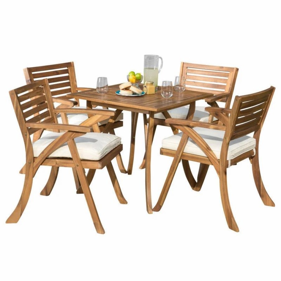 Outdoor Dining Furniture * | Gdfstudio Deandra Outdoor 5-Piece Wood Dining With Cushions Set, Teak