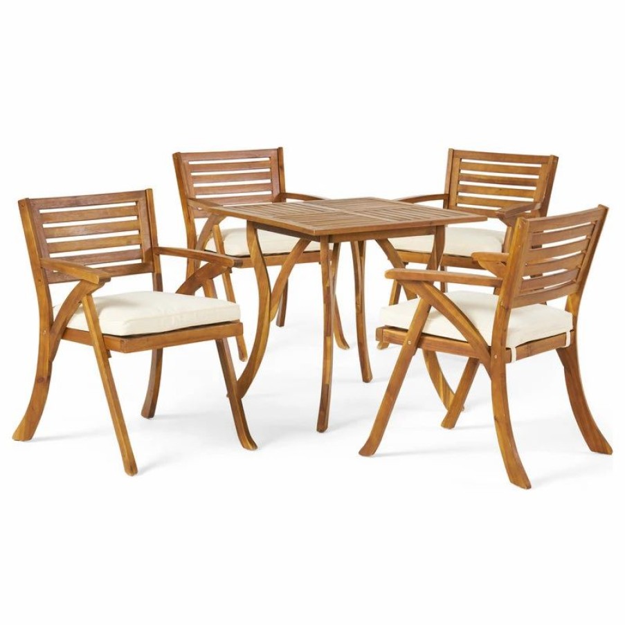 Outdoor Dining Furniture * | Gdfstudio Deandra Outdoor 5-Piece Wood Dining With Cushions Set, Teak