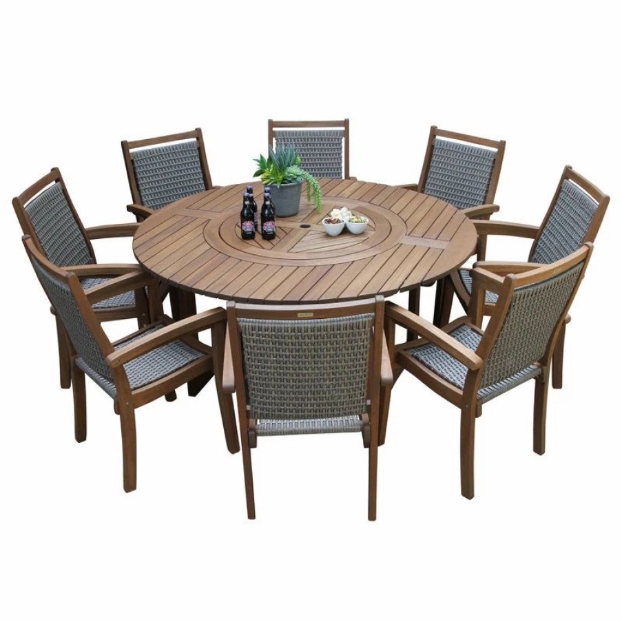 Outdoor Dining Furniture * | Outdoor Interiors 9-Piece Eucalyptus Round Lazy Susan Dining Set With 8 Stacking Wicker Armchairs