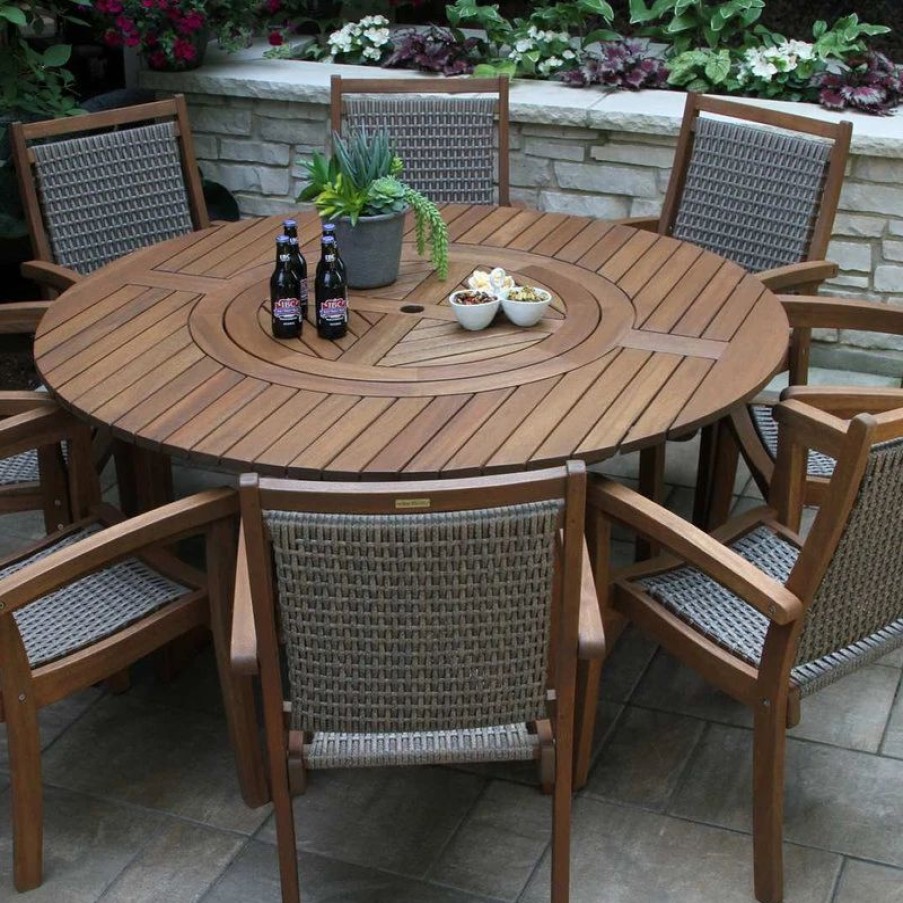 Outdoor Dining Furniture * | Outdoor Interiors 9-Piece Eucalyptus Round Lazy Susan Dining Set With 8 Stacking Wicker Armchairs