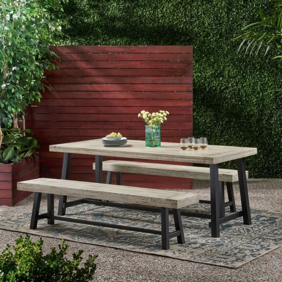 Outdoor Dining Furniture * | Gdfstudio Lyons Outdoor Acacia Wood Picnic Dining Set, Sandblast Light Gray/Black